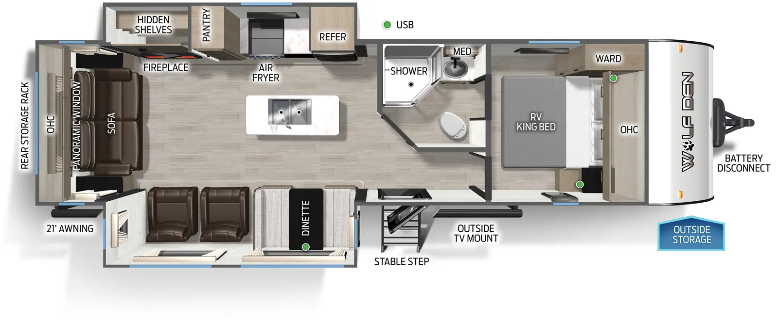 The Cherokee Black Label 273XLKBL floorplan has one entry and two slide outs. Exterior features include: fiberglass exterior and 21' awning. Interiors features include: kitchen island, front bedroom and rear living.
